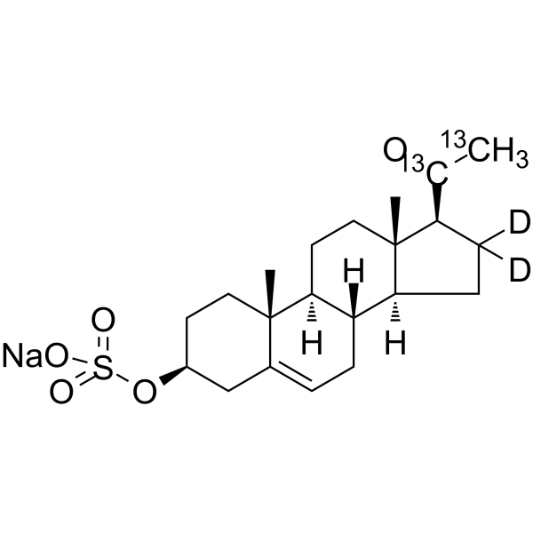 Pregnenolone monosulfate sodium-13C2,d2 Chemical Structure Pregnenolone monosulfate sodium-13C2,d2(Synonyms: 3β-Hydroxy-5-pregnen-20-one monosulfate sodium-13C2,d2)