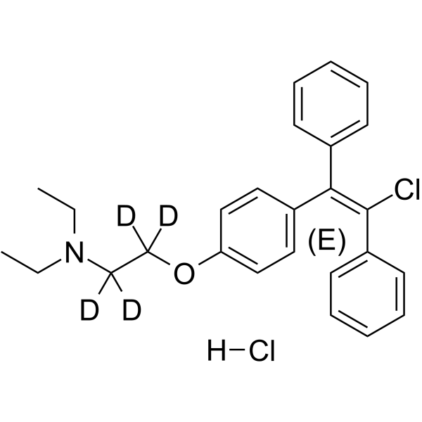 Enclomiphene D4 hydrochloride Chemical Structure Enclomiphene D4 hydrochloride(Synonyms: (E)-Clomiphene D4 hydrochloride; trans-Clomiphene D4 hydrochloride; Enclomifene D4 hydrochloride)