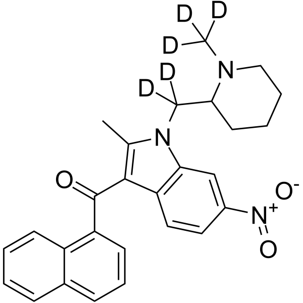 (2-Methyl-1-((1-methylpiperidin-2-yl)methyl)-6-nitro-1H-indol-3-yl)(naphthalen-1-yl)methanone-d5 Chemical Structure (2-Methyl-1-((1-methylpiperidin-2-yl)methyl)-6-nitro-1H-indol-3-yl)(naphthalen-1-yl)methanone-d5