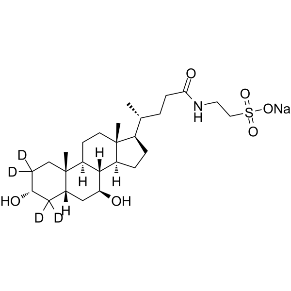 Tauroursodeoxycholate-d4 sodium Chemical Structure Tauroursodeoxycholate-d4 sodium(Synonyms: Tauroursodeoxycholic acid-d4 sodium; TUDCA-d4 sodium; UR 906-d4 sodium)