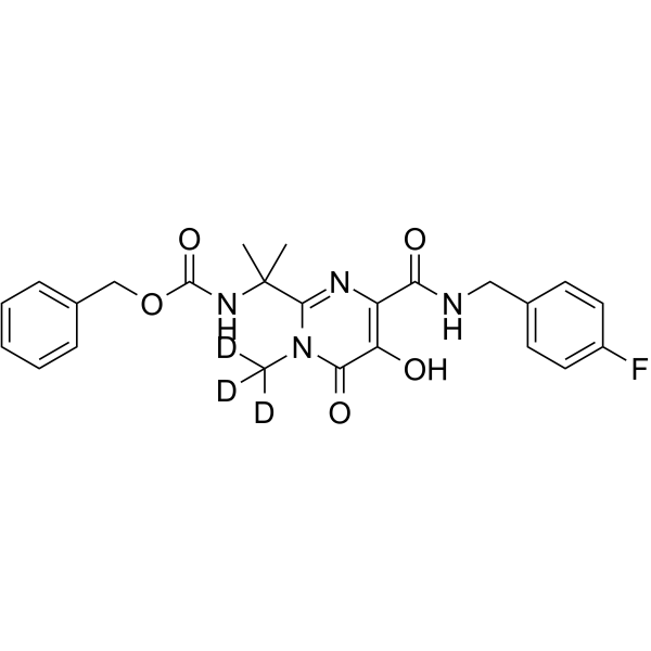Benzyl 2-(4-(4-fluorobenzylcarbamoyl)-5-hydroxy-1-methyl-6-oxo-1,6-dihydropyrimidin-2-yl)propan-2-ylcarbamate-d3 Chemical Structure Benzyl 2-(4-(4-fluorobenzylcarbamoyl)-5-hydroxy-1-methyl-6-oxo-1,6-dihydropyrimidin-2-yl)propan-2-ylcarbamate-d3