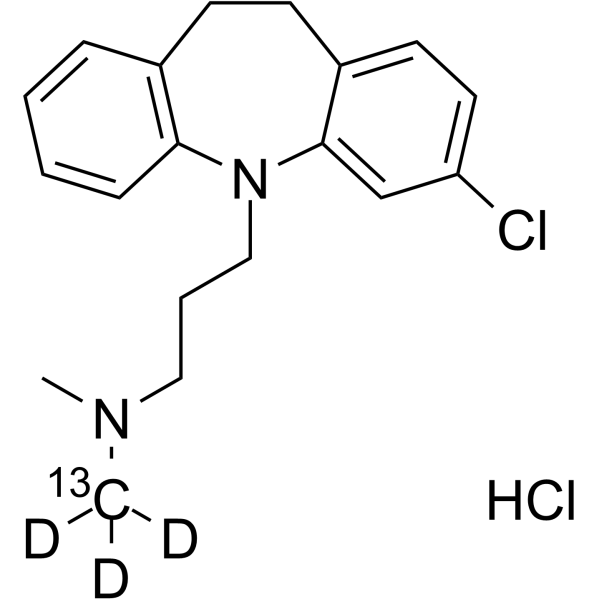 Clomipramine-13C,d3 hydrochloride Chemical Structure Clomipramine-13C,d3 hydrochloride(Synonyms: Chlorimipramine-13C,d3 hydrochloride; G-3458613C,d3 hydrochloride; NSC-169865-13C,d3 hydrochloride)