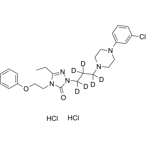 Nefazodone-d6 dihydrochloride Chemical Structure Nefazodone-d6 dihydrochloride(Synonyms: BMY-13754-d6 dihydrochloride; MJ-13754-1-d6 dihydrochloride)