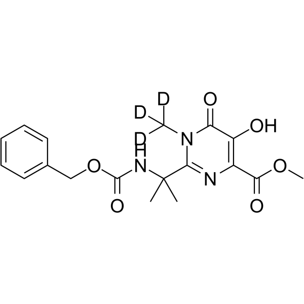 Methyl 2-(2-(((benzyloxy)carbonyl)amino)propan-2-yl)-5-hydroxy-1-methyl-6-oxo-1,6-dihydropyrimidine-4-carboxylate-d3 Chemical Structure Methyl 2-(2-(((benzyloxy)carbonyl)amino)propan-2-yl)-5-hydroxy-1-methyl-6-oxo-1,6-dihydropyrimidine-4-carboxylate-d3