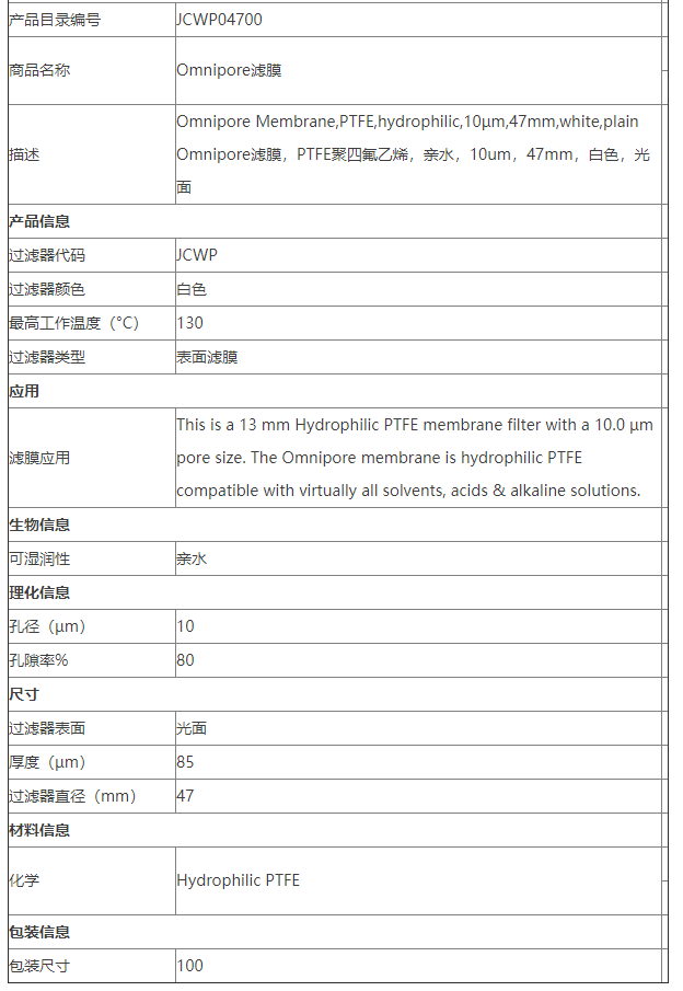 JCWP04700-美国密理博Omnipore滤膜PTFE聚四氟乙烯膜