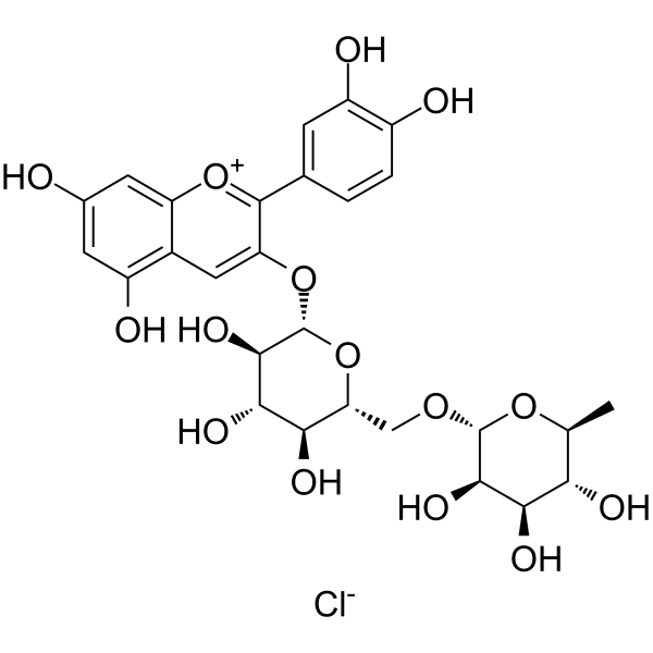 Keracyanin chloride Chemical Structure Keracyanin chloride (Synonyms: Cyanidin 3-rutinoside chloride; Cyanidin 3-O-rutinoside chloride; Sambucin chloride)
