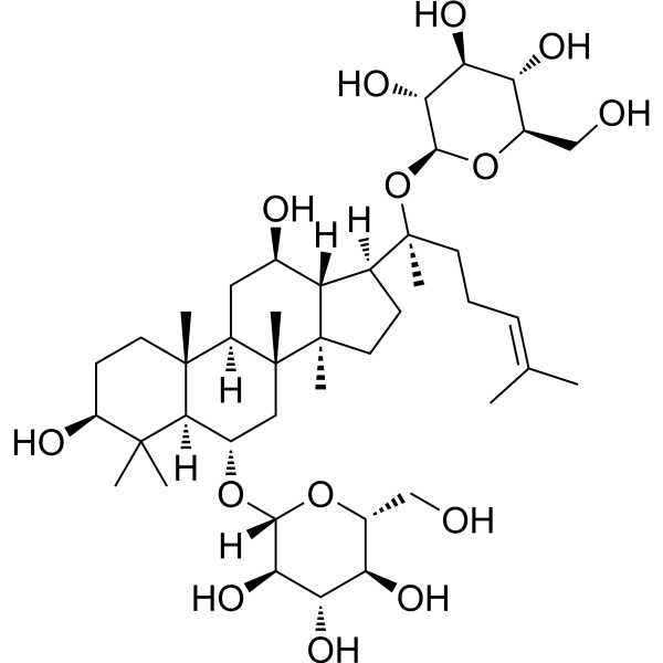 Ginsenoside Rg1 (Standard) Chemical Structure Ginsenoside Rg1 (Standard) (Synonyms: Panaxoside A (Standard); Panaxoside Rg1 (Standard))
