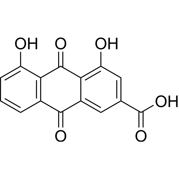 Rhein (Standard) Chemical Structure Rhein (Standard) (Synonyms: Rheic Acid (Standard); Rhubarb yellow (Standard); Monorhein (Standard))