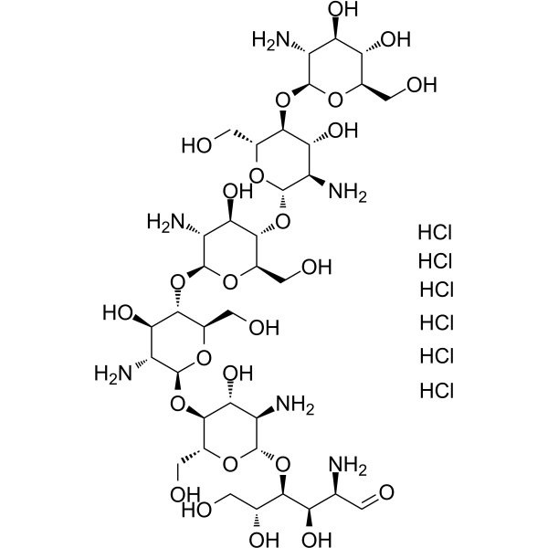 Chitohexaose hexahydrochloride Chemical Structure Chitohexaose hexahydrochloride (Synonyms: 壳六糖六盐酸盐)